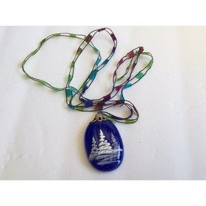 Ladder Yarn Necklace with Hand painted Blue Glass Pendant w Winter Trees